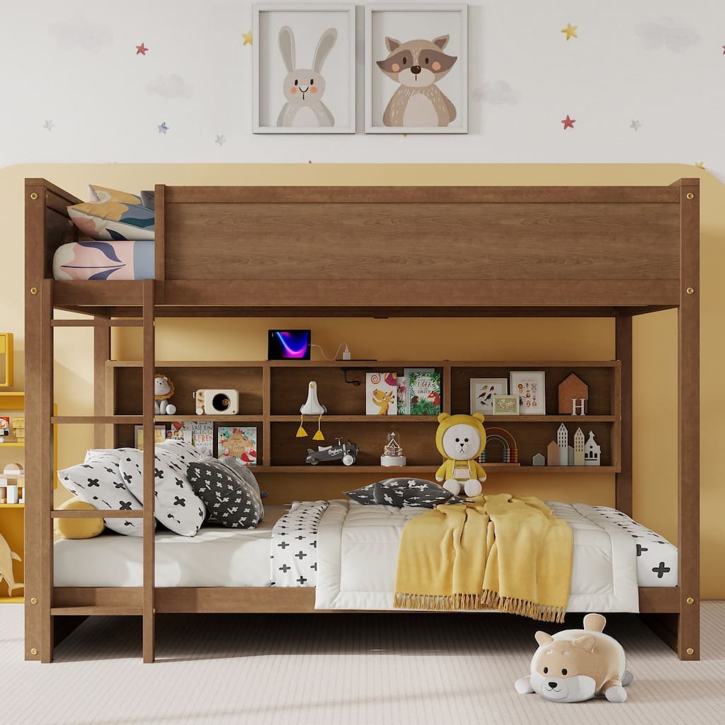 Roomfitters Queen Over Queen Bunk Bed with Storage Cabinets & Charging Station, Solid Pine Wood with Ladder & Guardrails, Wheat