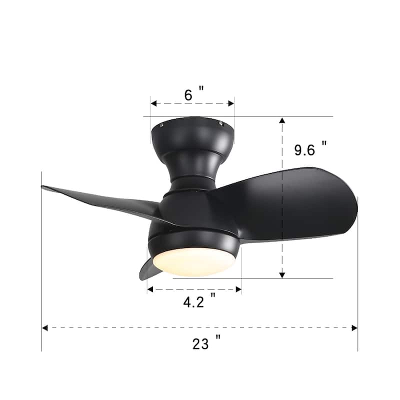 23" Bedroom Ceiling Fan With 3 Color Dimmable 3 ABS Blades Remote Control With Led Light - Black