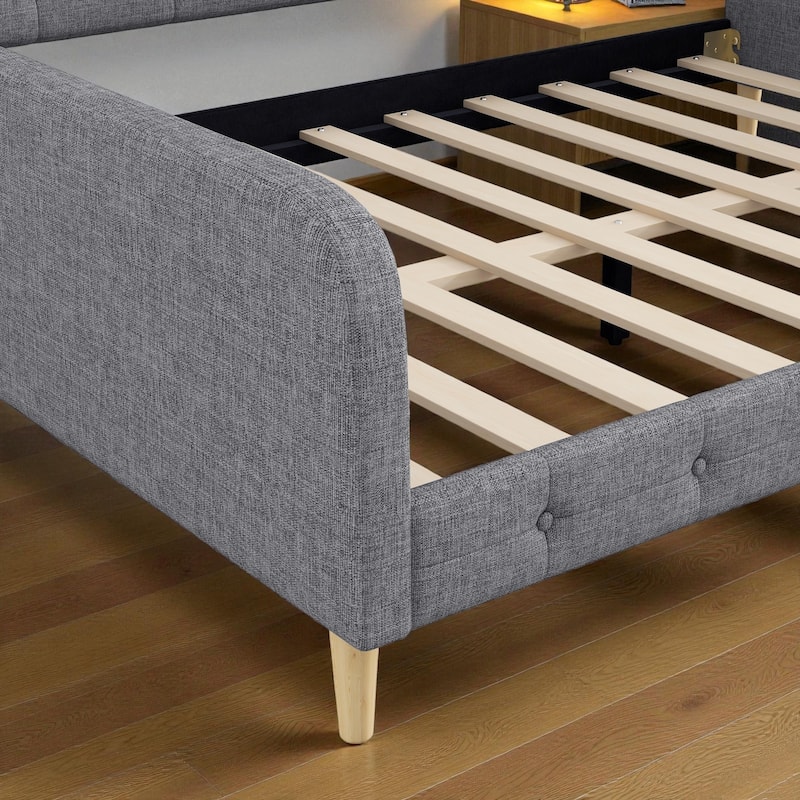 Queen Size Upholstered Daybed with Linen Fabric, Solid Wood Frame & 4 Support Legs, Sofa Bed for Guest Room