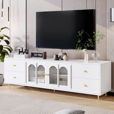 70.9" Glass Door TV Stand with Round Handle, Media Storage TV Console Table with 4 Drawers, 2 Cabinets for TVs up to 75''