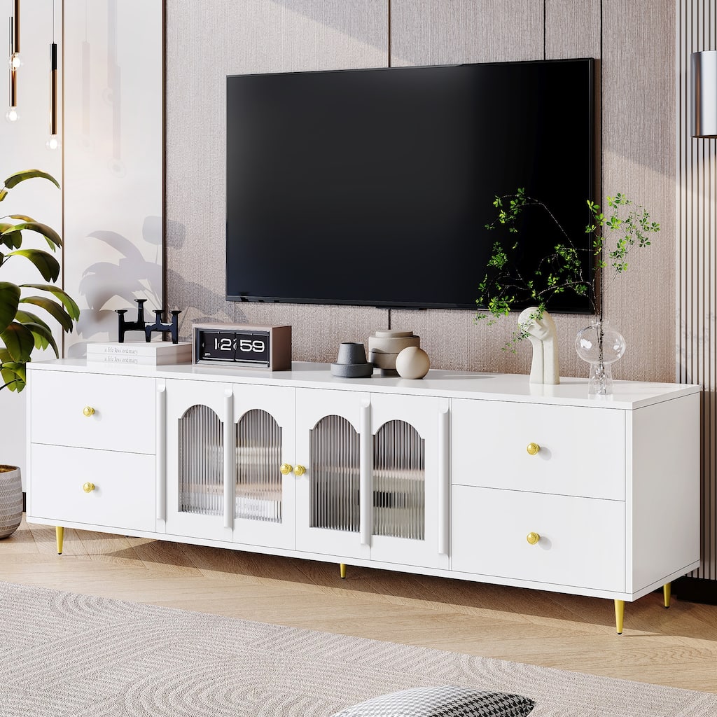 70.9" Glass Door TV Stand with Round Handle, Media Storage TV Console Table with 4 Drawers, 2 Cabinets for TVs up to 75''