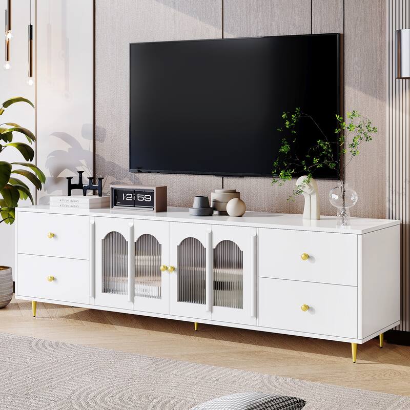 70.9" TV Stand with Glass Doors and 4 Drawers with Adjustable Legs