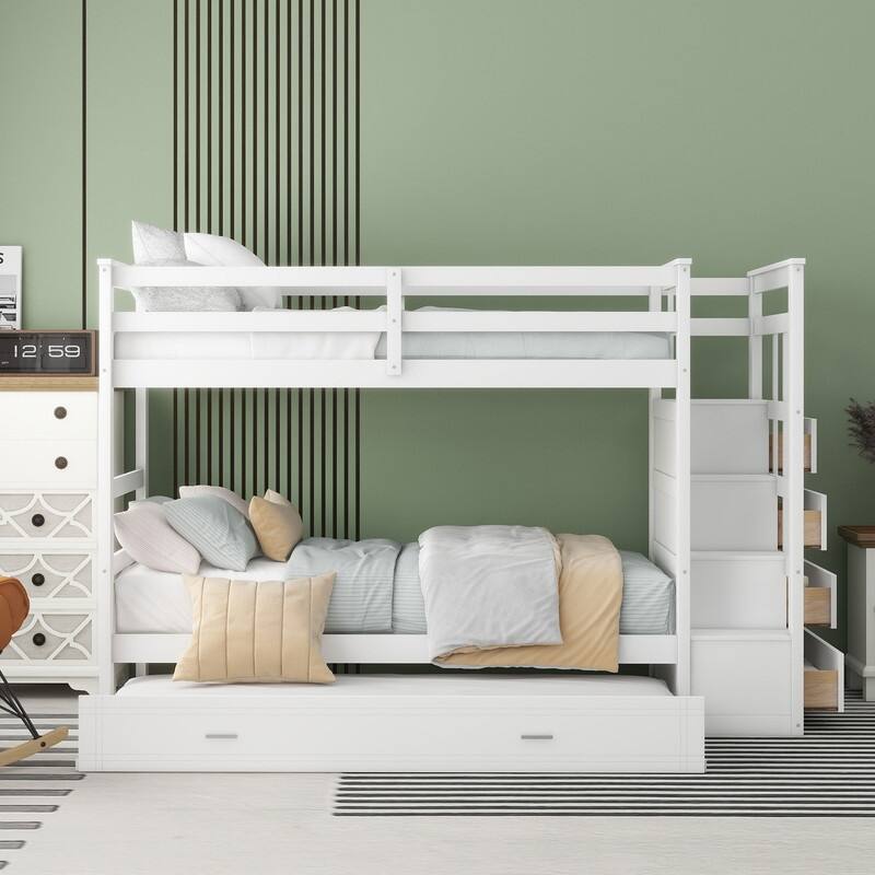 Twin Over Twin Wood Bunk Bed with Trundle,Staircase,Drawers