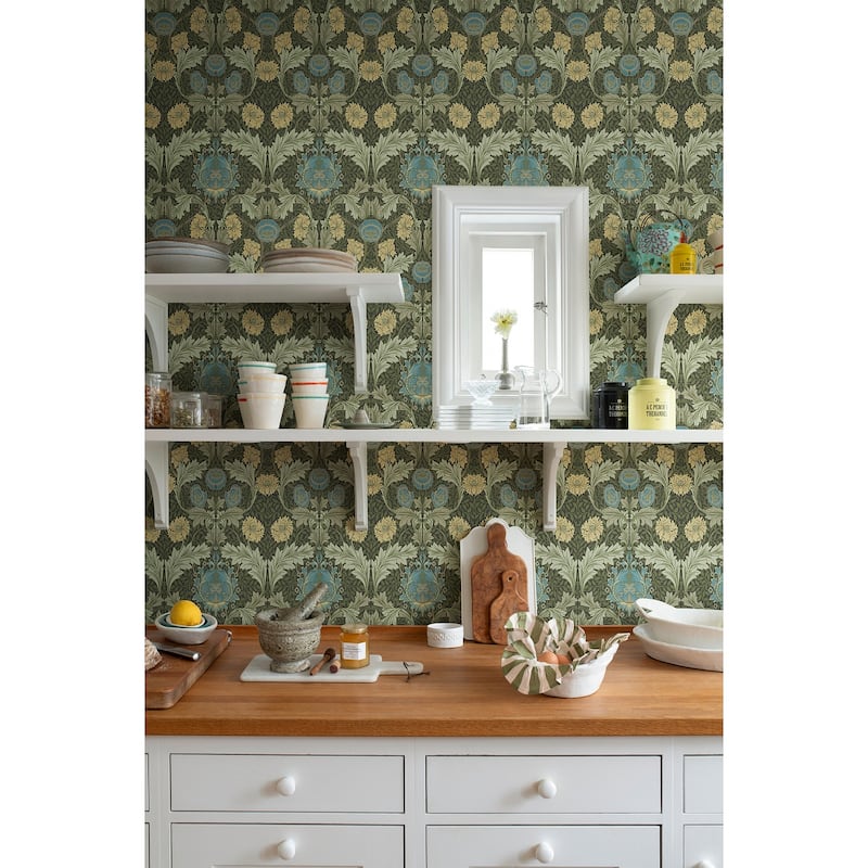 Myrtle Dark Green Floral Ogee Wallpaper