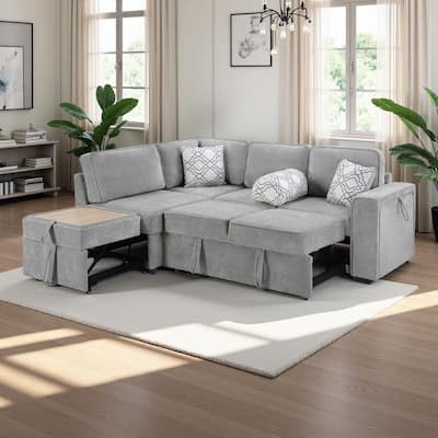 83.9" Chenille L-Shaped Sectional Sofa Bed with Dual Pull-Out Sleepers, Flip-Top Table and USB Ports