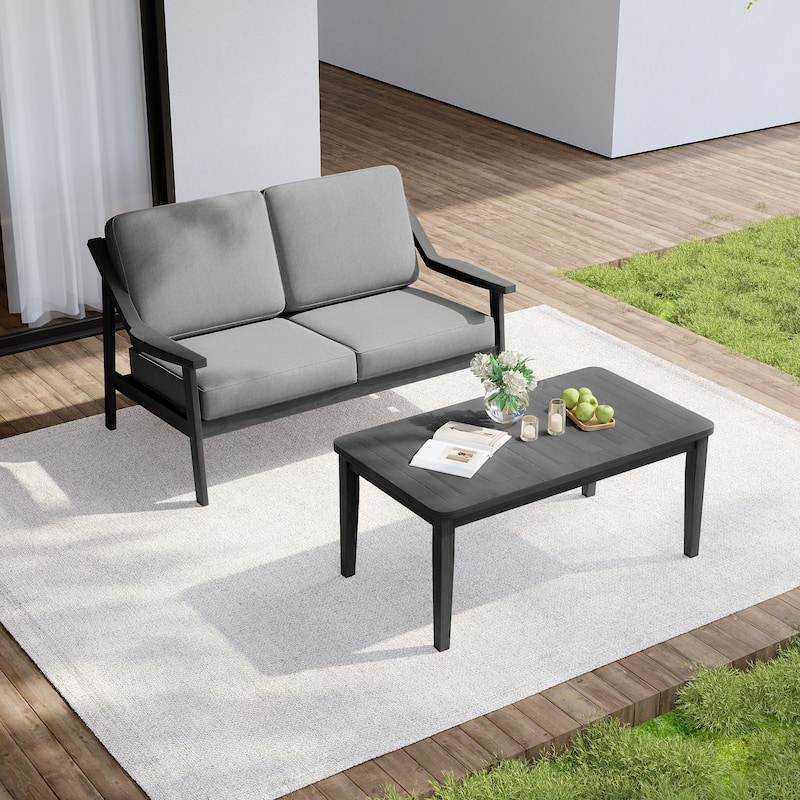 Outdoor Wood Teak Cushioned Patio 2 Seater Loveseat with Coffee Table