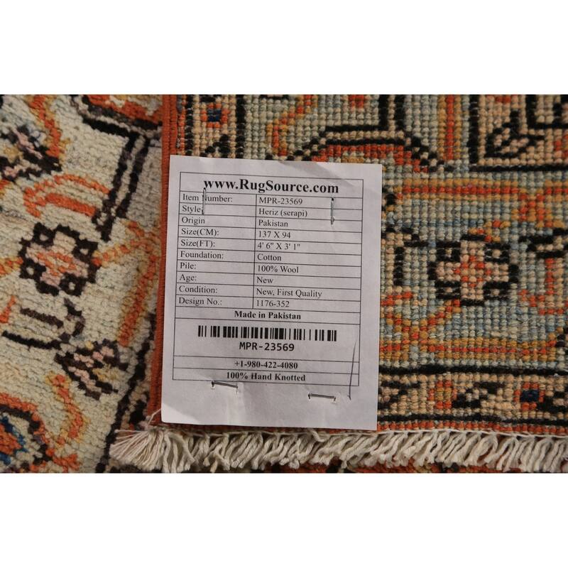 Vegetable Dye Medallion Heriz Serapi Oriental Rug Handmade Wool Carpet - 3'1"x 4'6"
