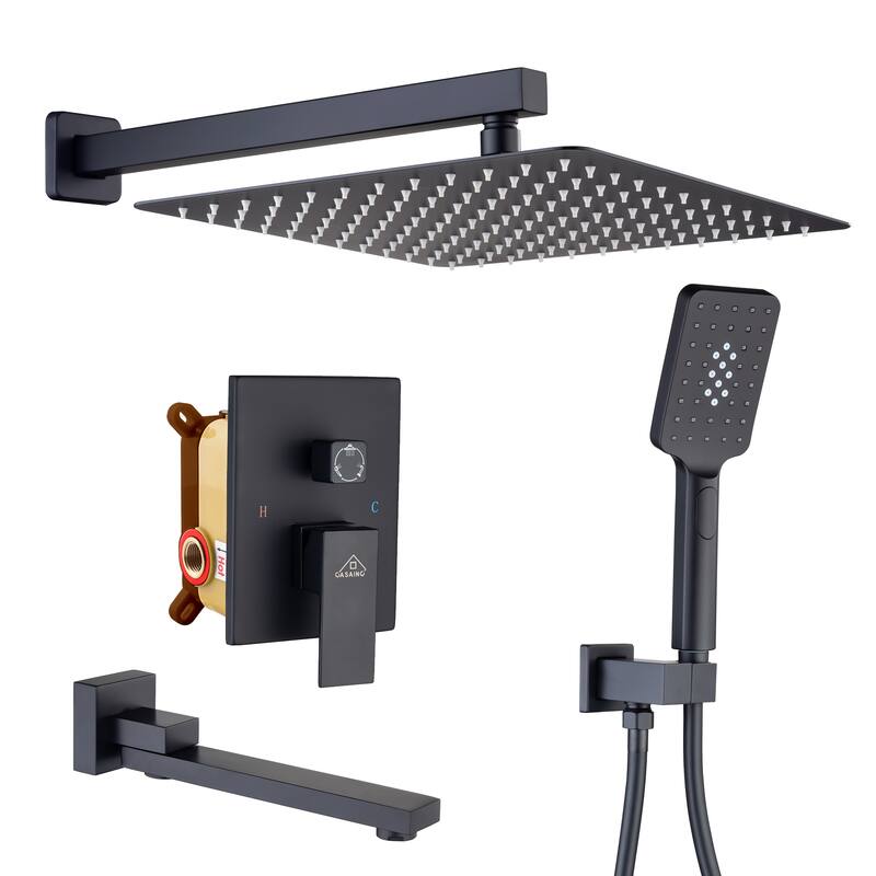 1-Handle 3-Spray Pattern 12 in. Wall Mount Shower Set Shower Head, Tub and Shower Faucet - 12 inch - Matte Black