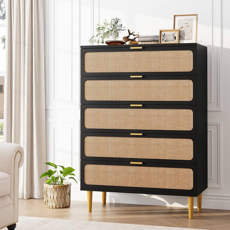 Rattan 5 Drawer Tall Dresser for Bedroom, Large Chest with Deep Drawers and Wide Top for Closet or Hallway - Black