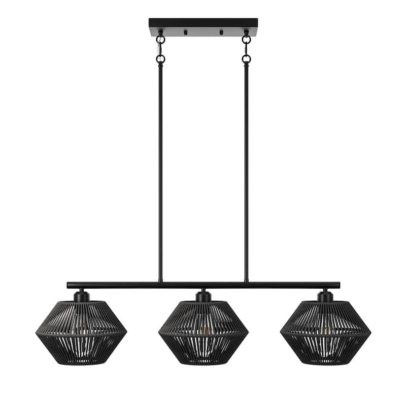 Farmhouse Matte Black 3-Light Chandelier with Paper Rope Lampshade