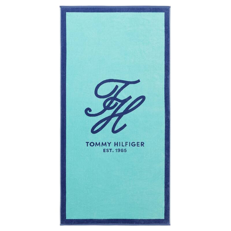 Tommy Hilfiger Printed Cotton Beach Towel - 36 x 68 - Colorblock Monogram Aqua