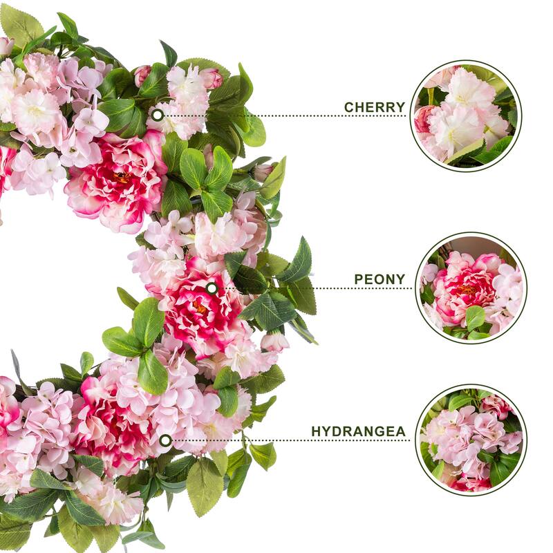 Glitzhome 24"D Artificial Floral Wreath with Peach Dahlia, Blue Peony & Hydrangea or Pink Hydrangea, Peony & Cherry