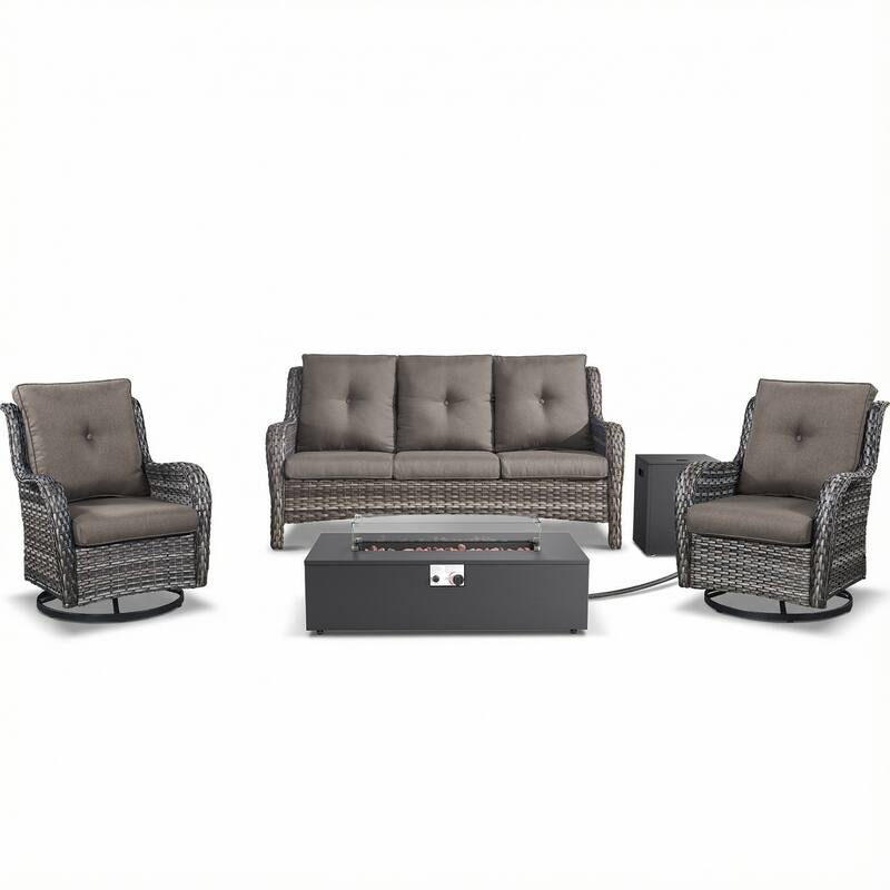 Pocassy Patio 5/7 Piece Sofa Swivel Chair Ottoman with Fire Pit Table