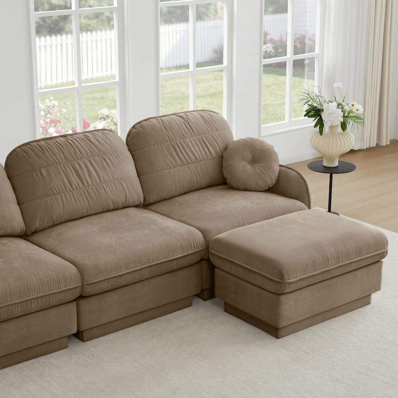 105" Chenille Sectional Sofa with 2 Round Pillows and 2 Movable Ottomans