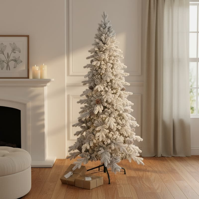HomeRoots 8' White Slender Flocked Fir Christmas Tree - 52.00 in. x 96.00 in. x 52.00 in. - White - 8 Foot