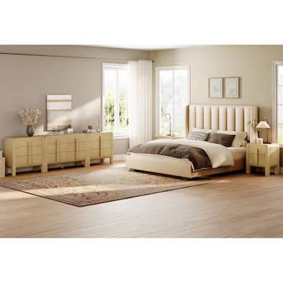 WAMPAT Wooden Dresser And Nightstand Sets, 5 Pcs Bedroom Set, Night Stand Set Of 2, 12 Drawer Dresser With Curved Profile Design