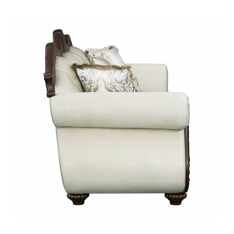 Upholstered Sofa with Button Tufted Back in Beige and Cherry