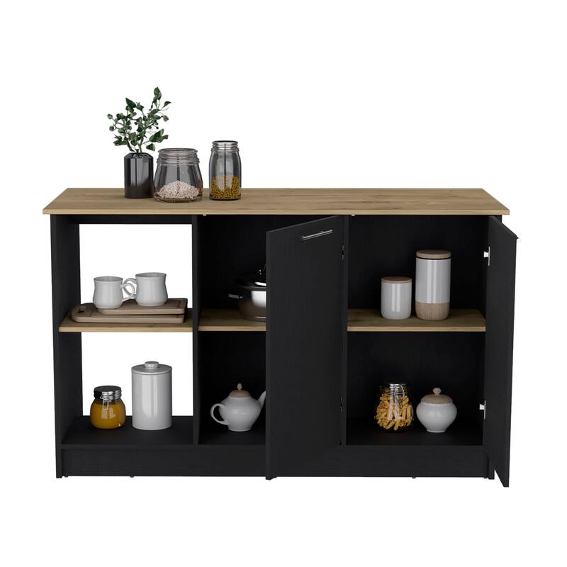 59-Inch Kitchen Island with Double Door Cabinets & Open Shelves, Light Oak/White Design