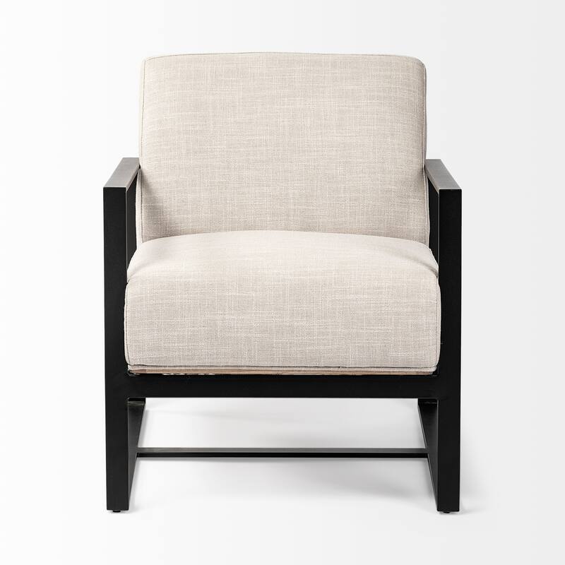 Stamford Black Genuine Leather w/ Light Brown Solid Wood Back & Black Iron Frame Accent Chair