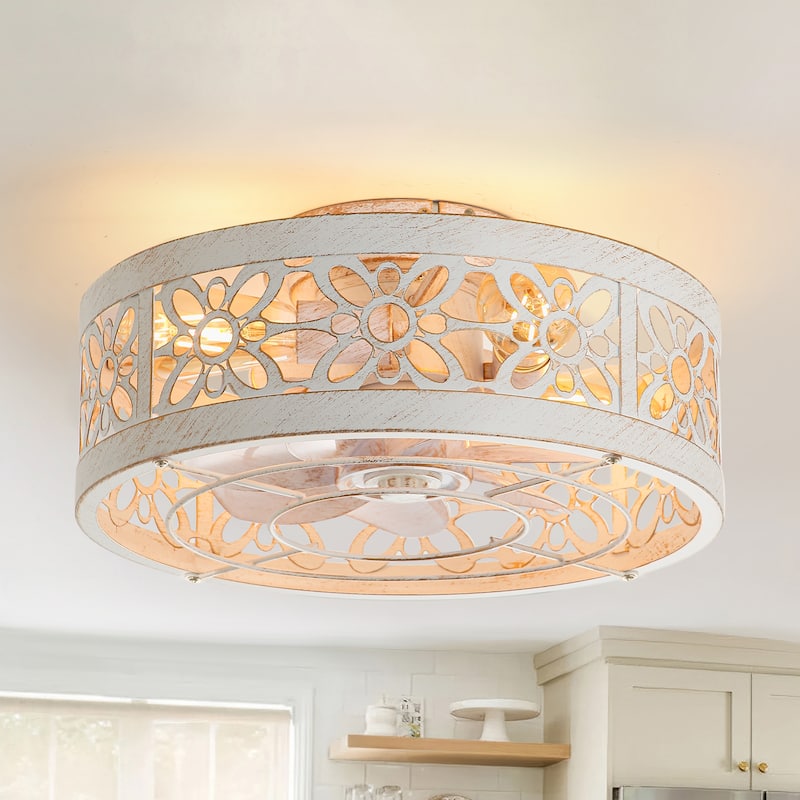 16.5in Vintage Distressed White Flush Mount Caged Ceiling Fan with Remote Light(7-Blade) - Style-2 - Remote