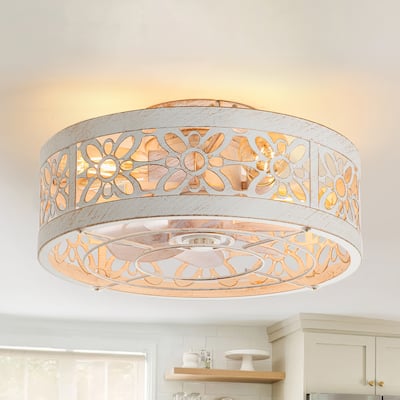 16.5in Vintage Distressed White Flush Mount Caged Ceiling Fan with Remote Light(7-Blade)