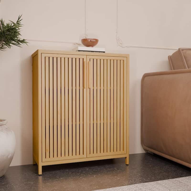 Narrow Freestanding Accent Cabinet Bathroom High Cabinet, Bamboo Storage Cabinet with Doors and Open Shelves