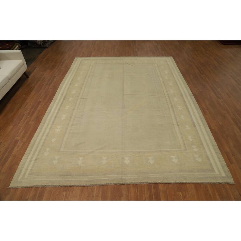 Hand Woven Oriental 100% Wool Carpet Southwestern Tribal Beige & Ivories Kilim Area Rug - 12' 2'' X 9' 1''