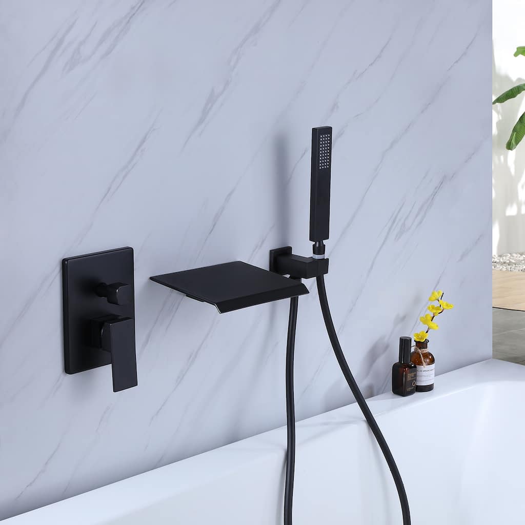 Wall Mounted Single Handle Waterfall Tub Filler Faucet With Handheld Shower Black