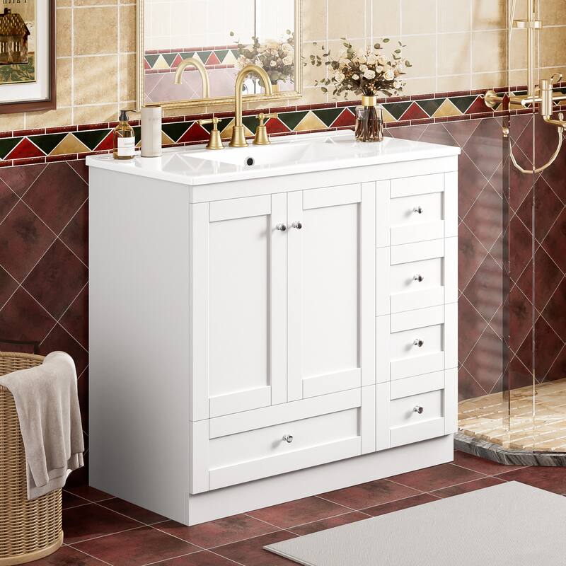36" Shaker Bathroom Vanity with Ceramic Sink - 4 Soft-Close Drawers & 2 Doors, Free-Standing Cabinet