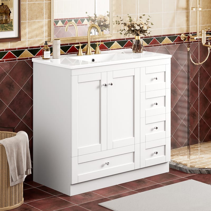 Bathroom Vanity with Ceramic Sink, Free-Standing Wooden Bathroom Cabinet, Storage Cabinet with 4 Drawers & 2 Soft Closing Doors