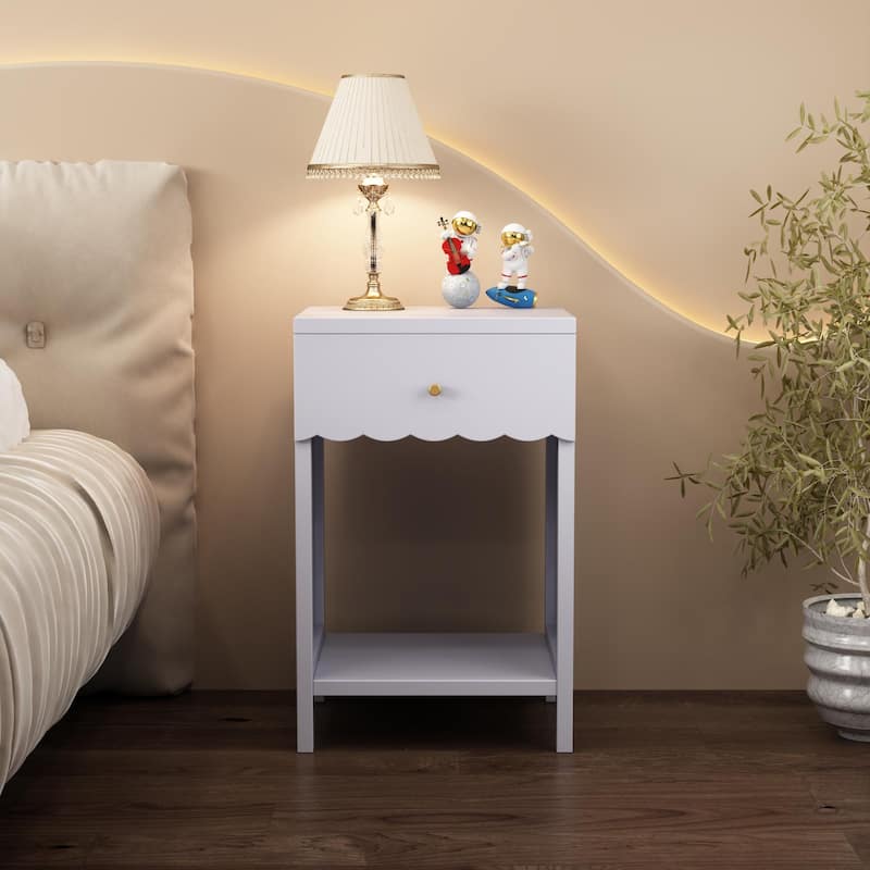 Modern Nightstand with Drawer and Open Shelf, Scalloped Edge Bedside Table for Bedroom, Cute Minimalist Side Table