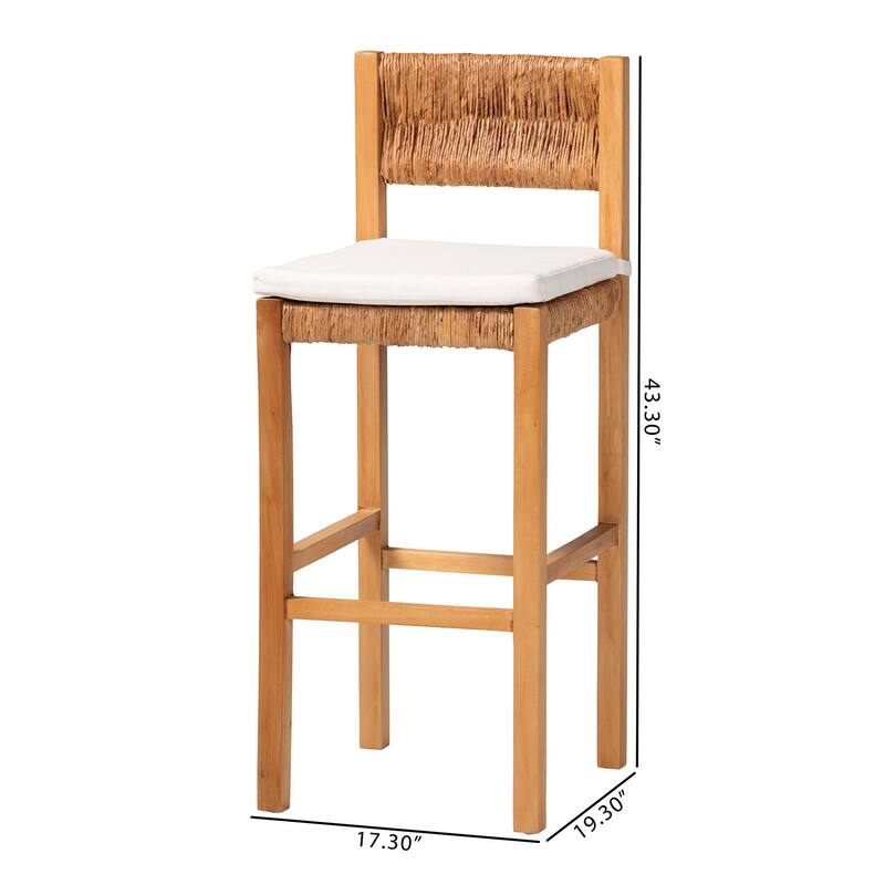 Pava Woven Seagrass Bar Stool - Solid Mahogany Wood Stool with Textured Back, Coastal Boho Seating for Kitchen or Lounge