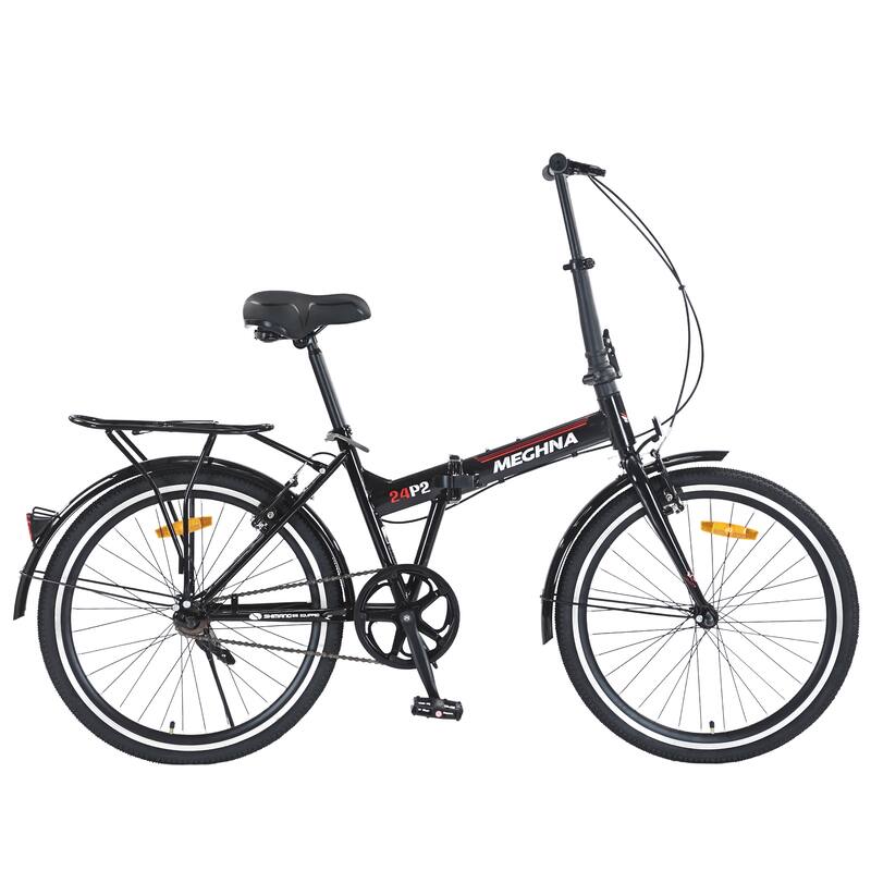 24 Inch Folding Bike with Fenders, Single Speed City Commuter Bicycle with Dual V-Brake, Steel Frame Portable Compact Bicycle - Black