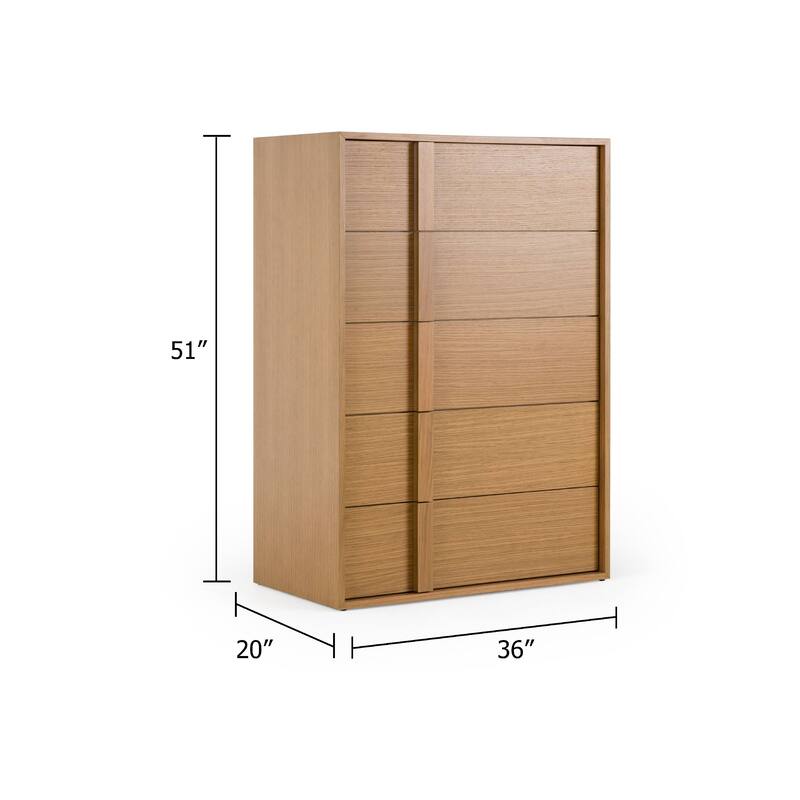 Lina Tall Dresser Chest, 5 Drawers, Natural Brown Oak Veneer