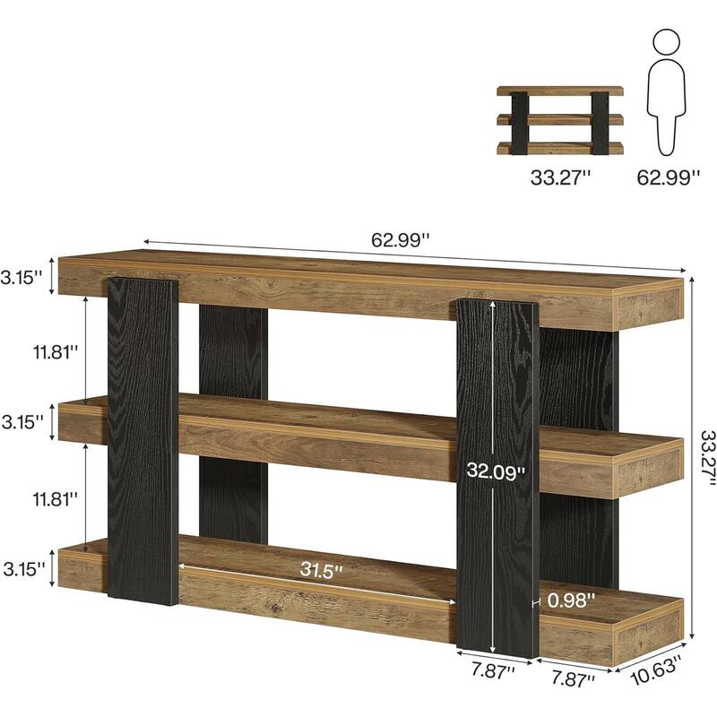 63-Inch Long Console Table, 3-Tier Entryway Table with Storage, Farmhouse Wood Behind Couch Tables
