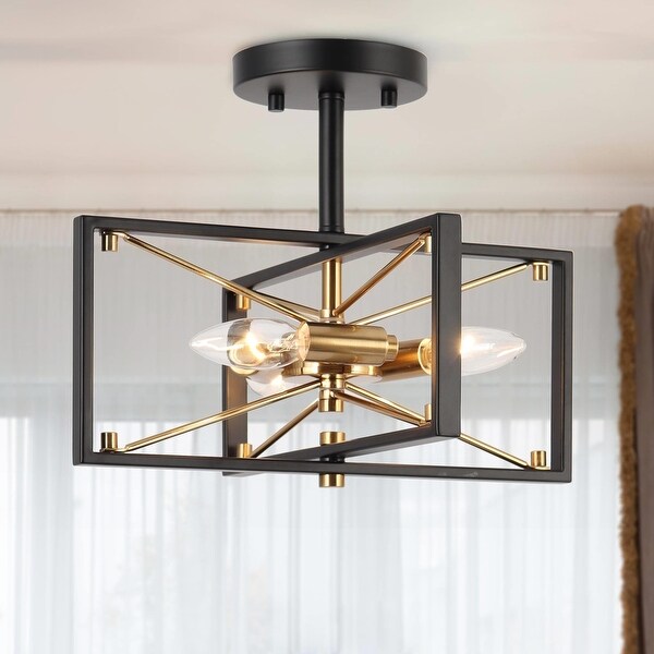 Leno Modern Black Gold 3-Light Semi-Flush Mount Ceiling Light Cage Sputnik Chandeliers