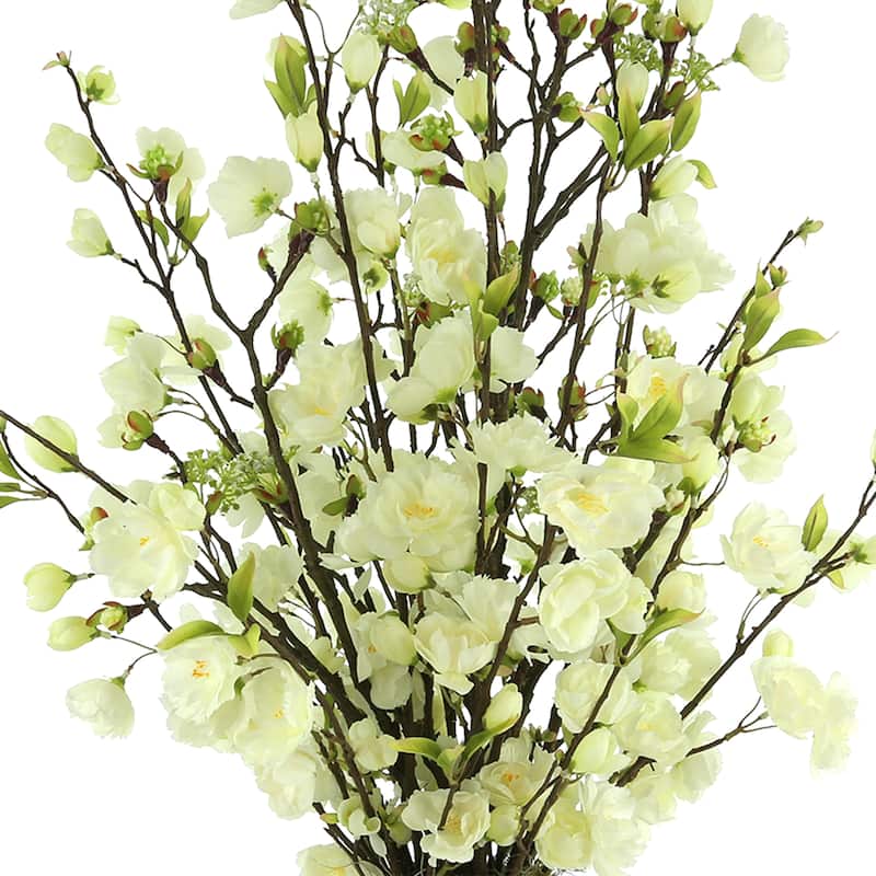 Cherry Blossoms Arranged in Ridged Ceramic Vase - White, Cream