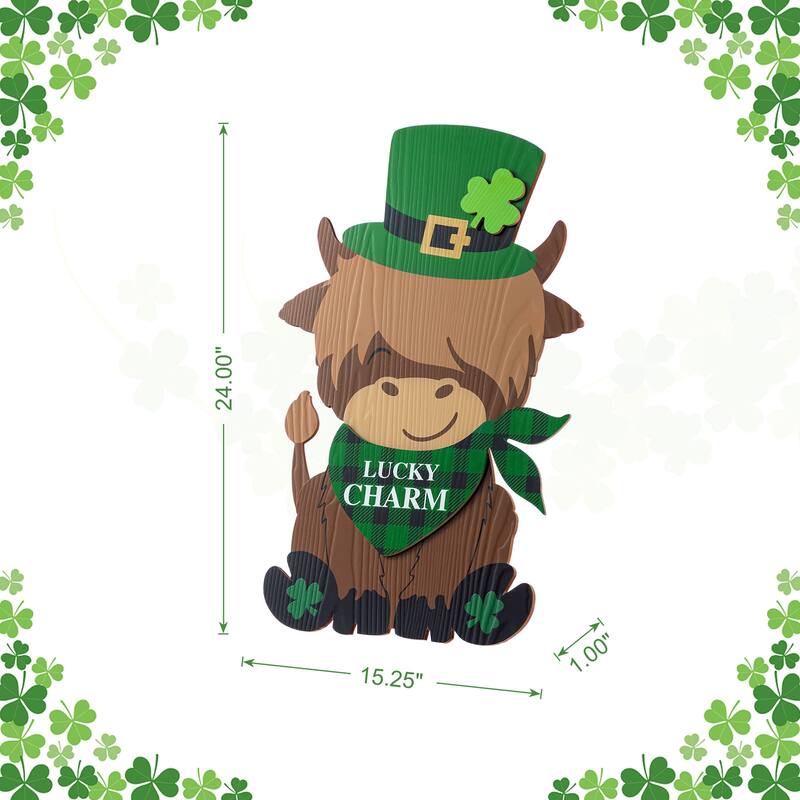 Glitzhome 24"H St. Patrick's Wooden Highland Cow Porch Sign