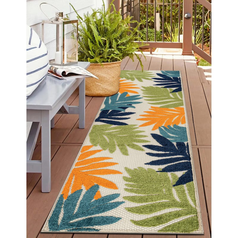 World Rug Gallery Indoor/Outdoor High-Low Textured Area Rug, Palm Easy-Clean Patio Rug - 2' x 7' - Multi