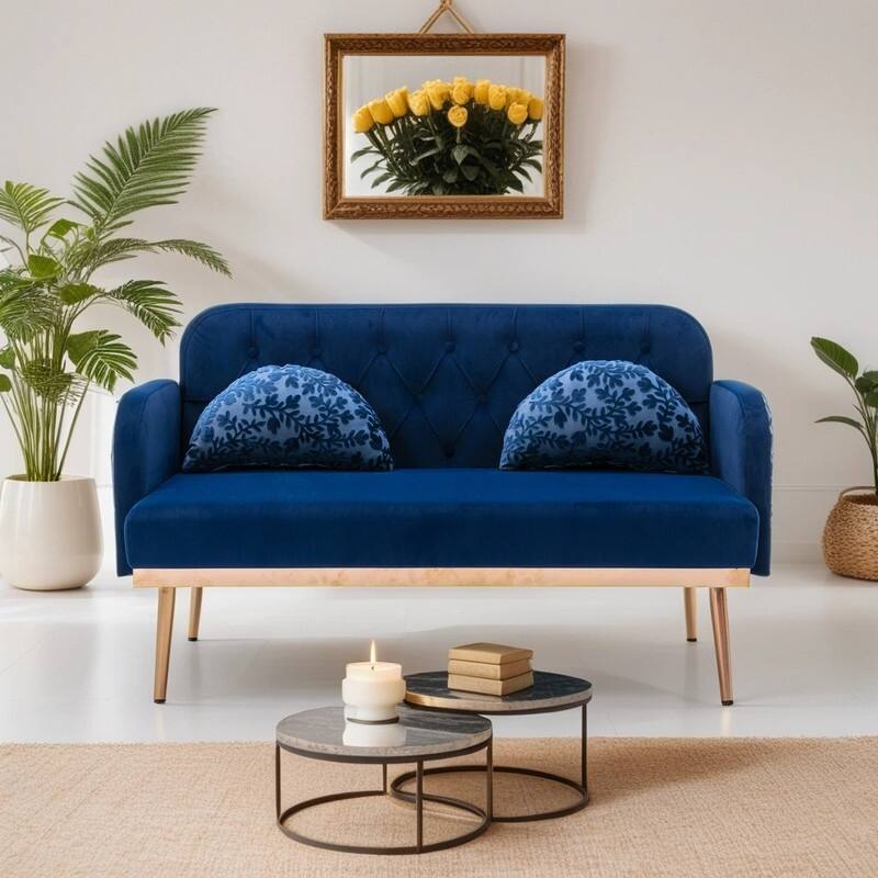 Vintage Style 2-Seat Sofa, Accent Loveseat Sofa Couch with 2-Soft Pillows, Velvet Sofa with Gold Legs for Living Room, Navy