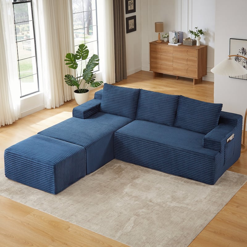 Corduroy Upholstery Cloud Modular Sectional Sofa with Chaise and Pillows, All-Foam Compression Design