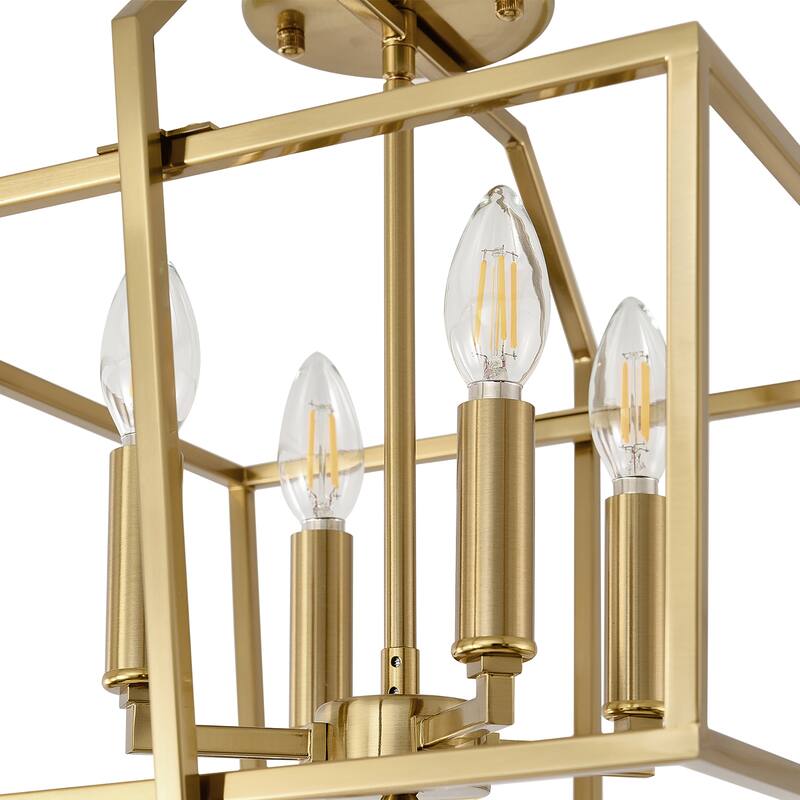 Modern 4 - Light Semi - Flush Mount, Gold Geometric Cube Design