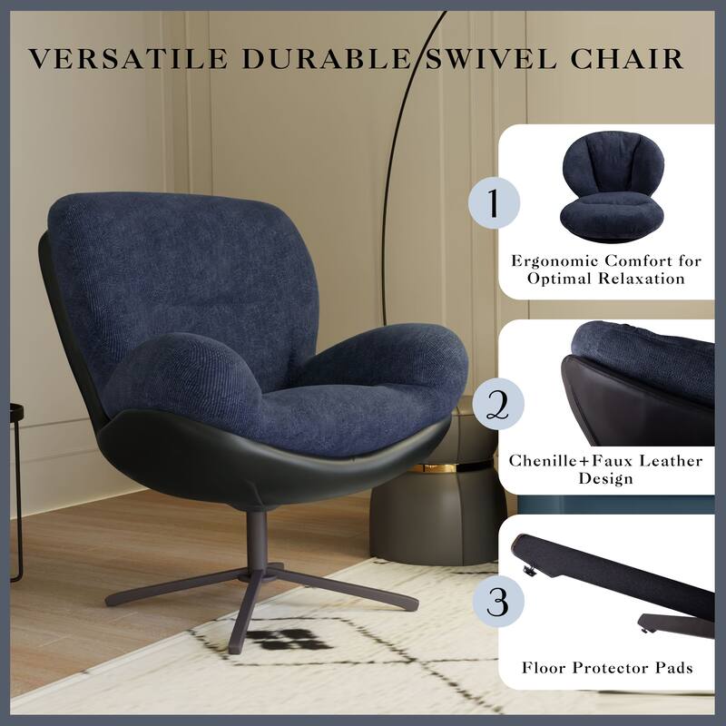 360° Swivel Accent Chair, Modern Chenille Lounge Chair with Faux Leather and Black Metal Base Frame, Comfortable Reading Chair