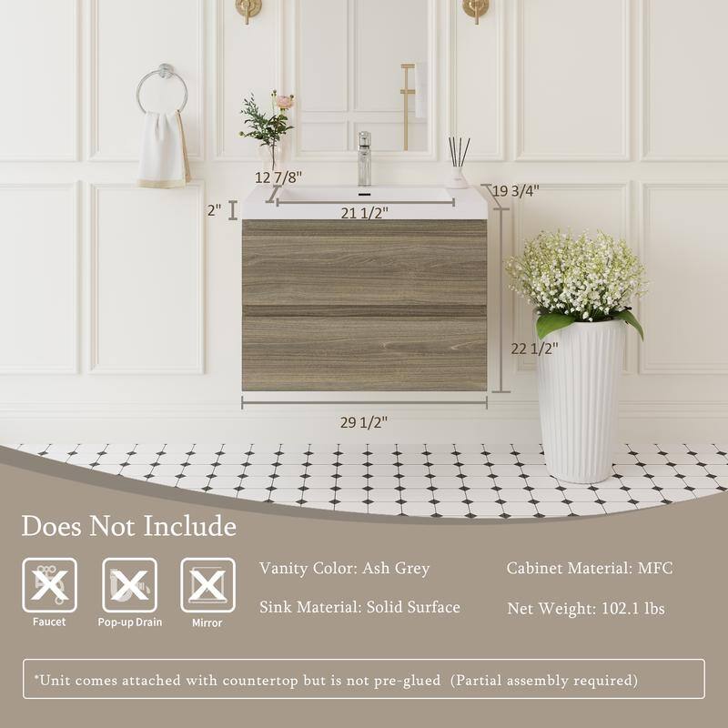 ABRUZZO 30" Floating Single Bathroom Vanity Wall-Mounted with Integrated Resin Top Basin 2 Soft Close Drawers Full Assembly