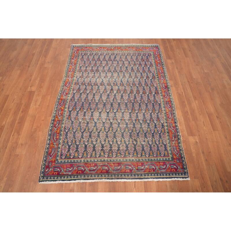 Hand Knotted Oriental 100% Wool Carpet Traditional All-Over Navy Blue & Blues Tabriz Area Rug - 5' 3'' X 3' 8''