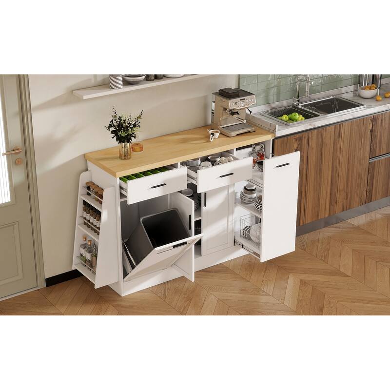 Multi-Functional Storage Sideboard Kitchen Island with Hidden Trash Can and Adjustable Spice Rack