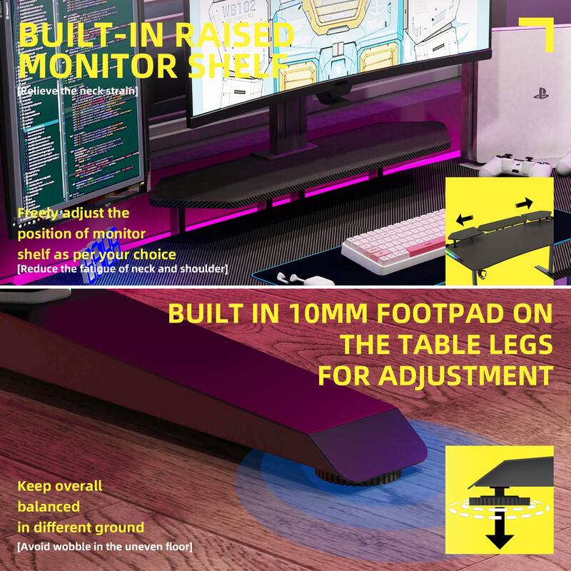 71" Gaming Table Office Computer Desk Gamer Workstation with Monitor Shelf LED Light Mouse Pad
