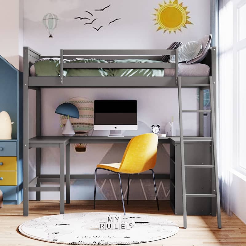 Merax Wooden Loft Bed with Shelves and Desk