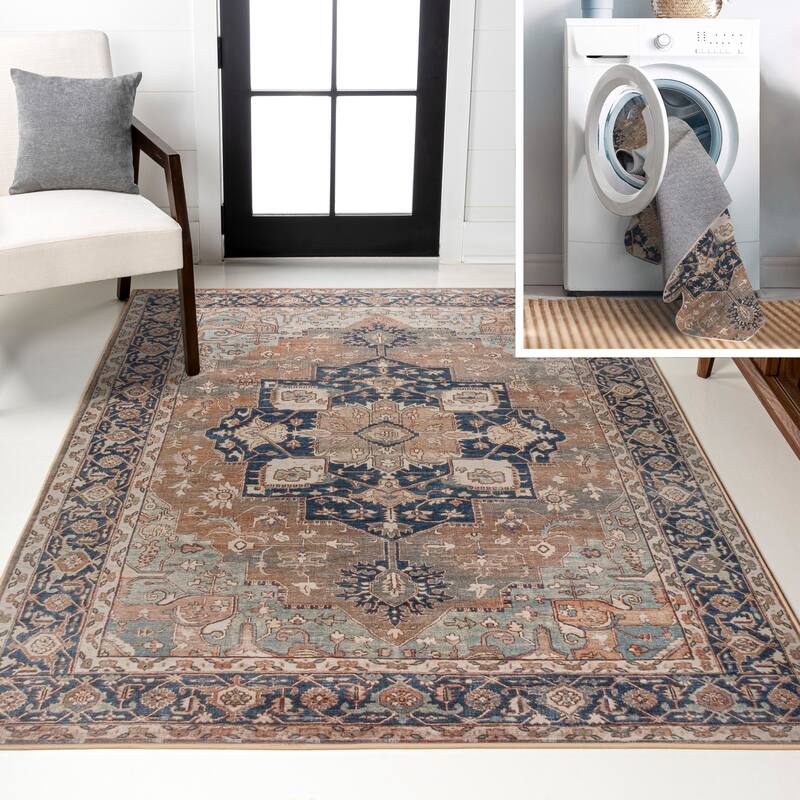 JONATHAN Y Marrakesh Ornate Medallion Machine Washable Area Rug - 2 X 8 - Beige/Blue