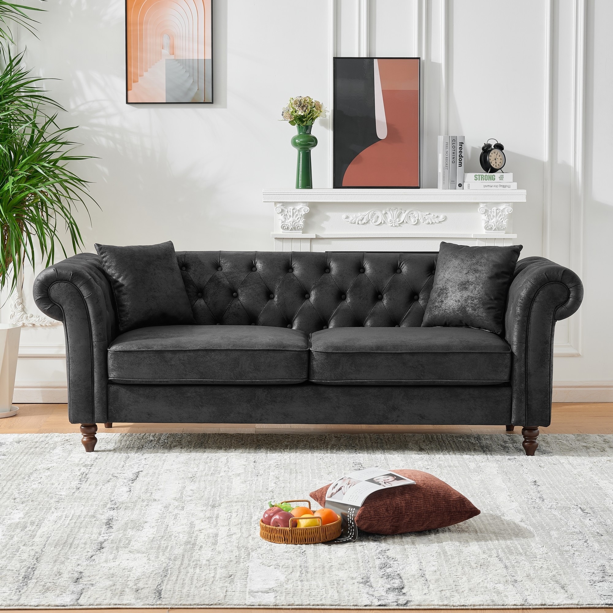 Roomfitters 83" Classic Chesterfield Upholstered Sofa, Scrolled Arm Couch with Button Detailing and Turned Wood Legs, Black